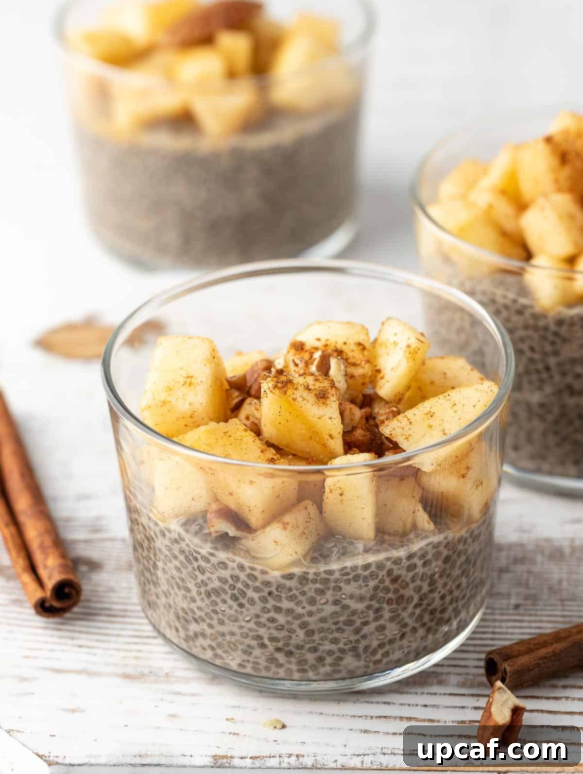 Overnight Chia Pudding topped with apples and cinnamon sticks on the side of the bowl.