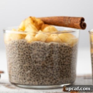 Overnight Chia Pudding topped with apples and a cinnamon stick.