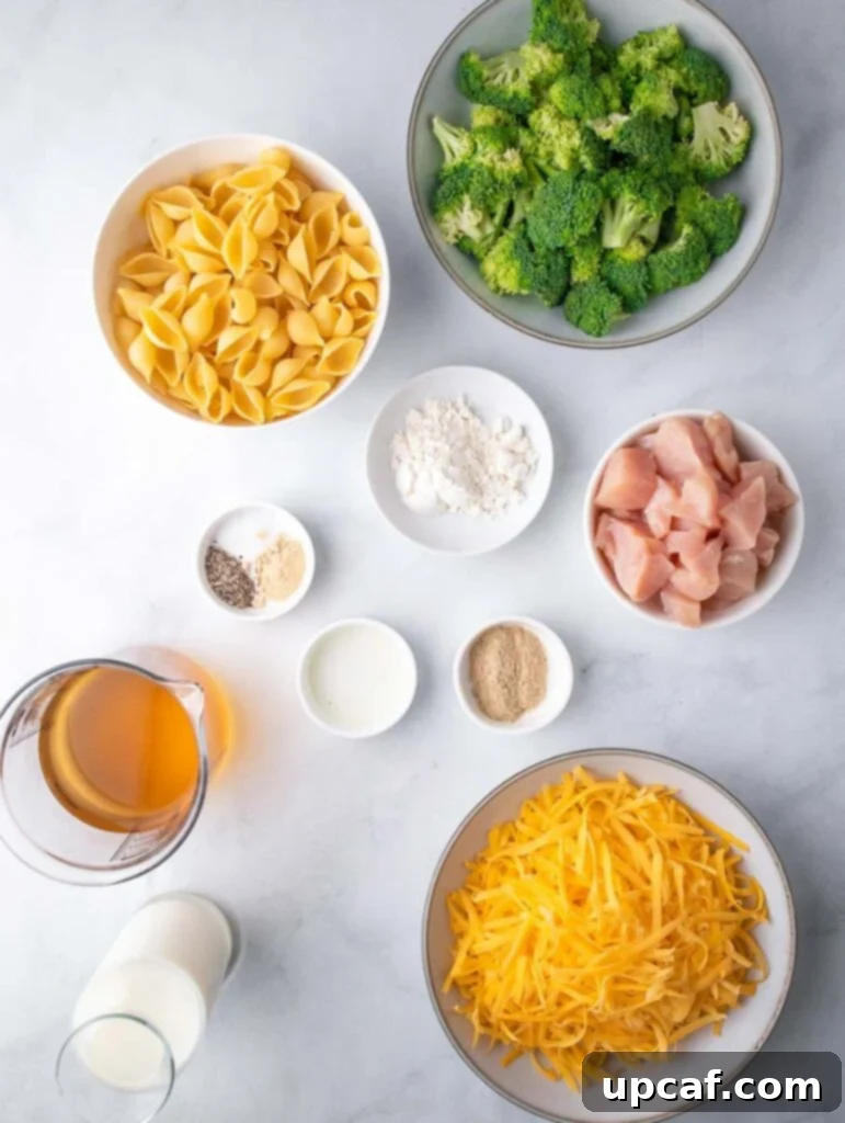 creamy broccoli mac and cheese ingredients laid out