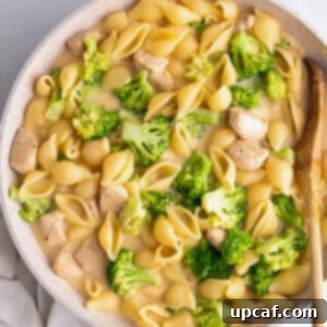 top down shot of the creamy broccoli chicken in a skillet