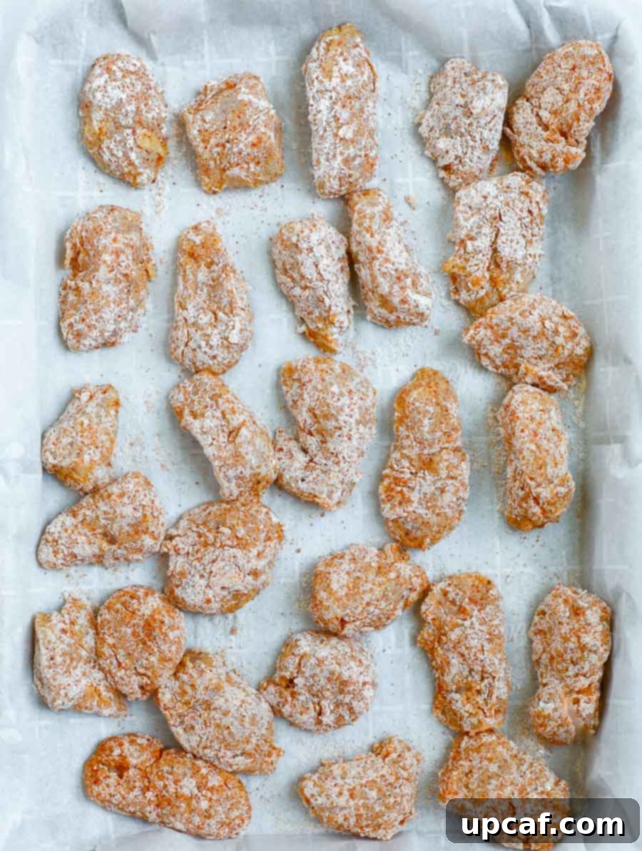 Coated chicken bites lined up on a baking sheet, ready for frying.