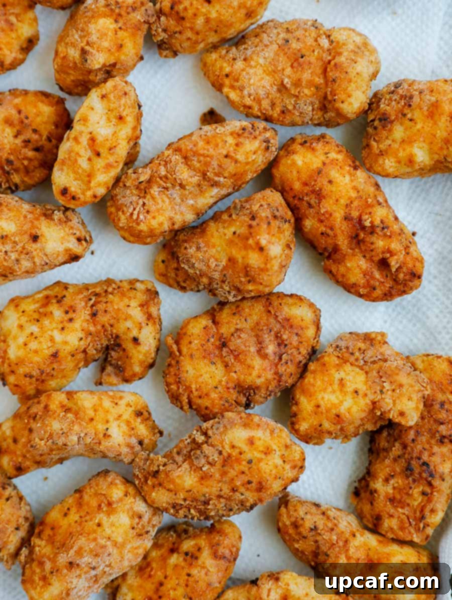 Freshly fried crispy chicken bites resting on a sheet pan lined with paper towels to drain excess oil.