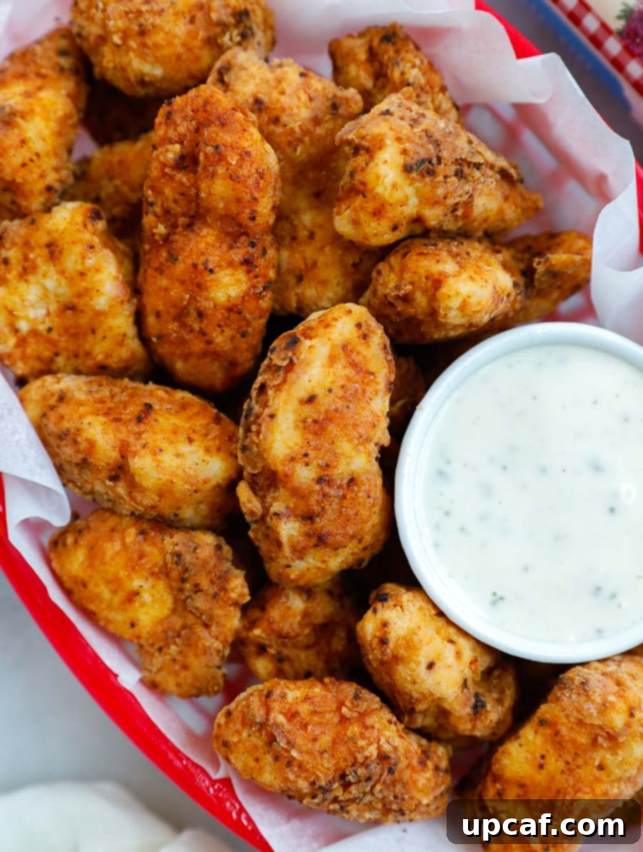 A basket full of golden crispy chicken bites, with a ramekin of ranch dressing ready for dipping.