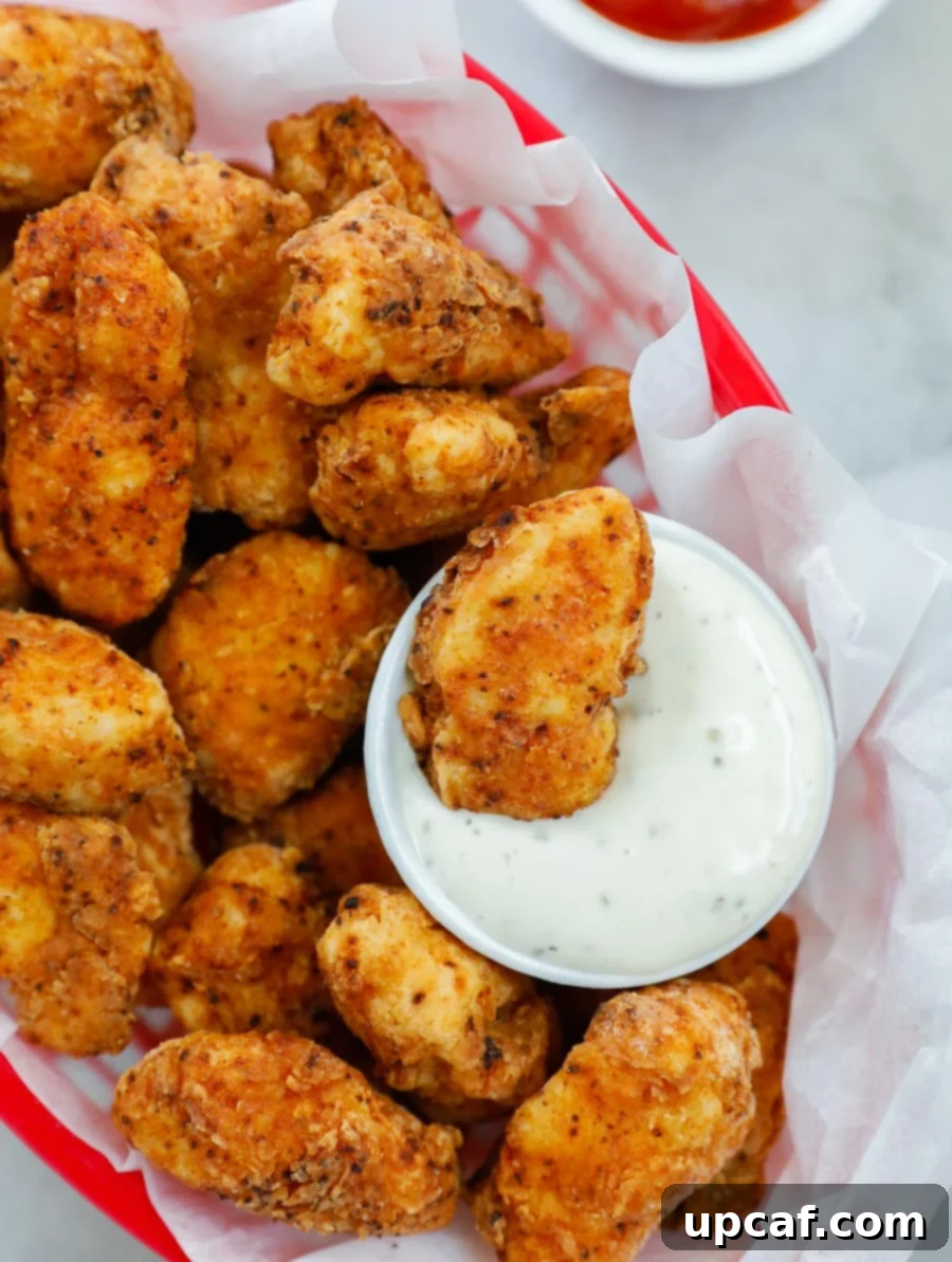 Close-up of crispy chicken bites in a red basket, with one bite dipped in creamy ranch sauce.