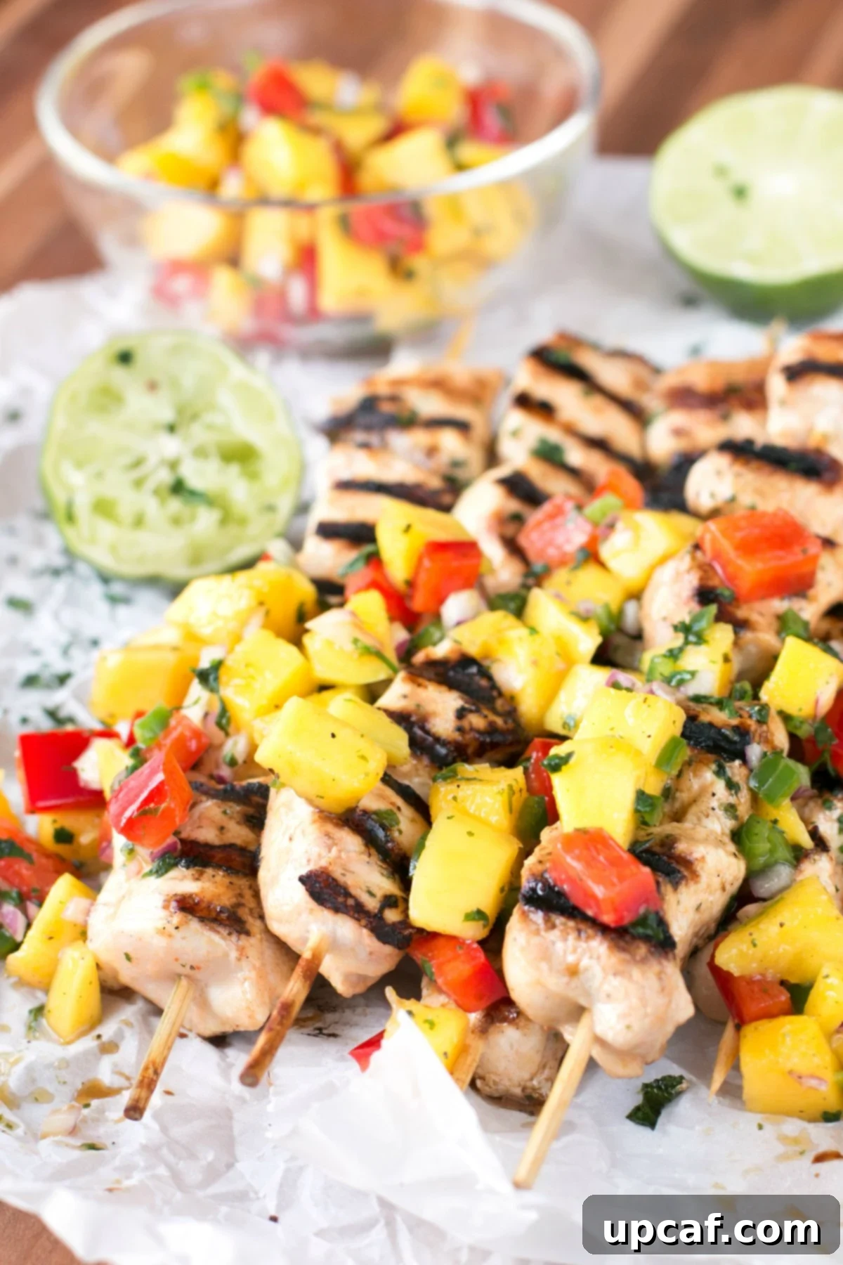 A stack of mango salsa topped chicken skewers with limes and a bowl of salsa in background