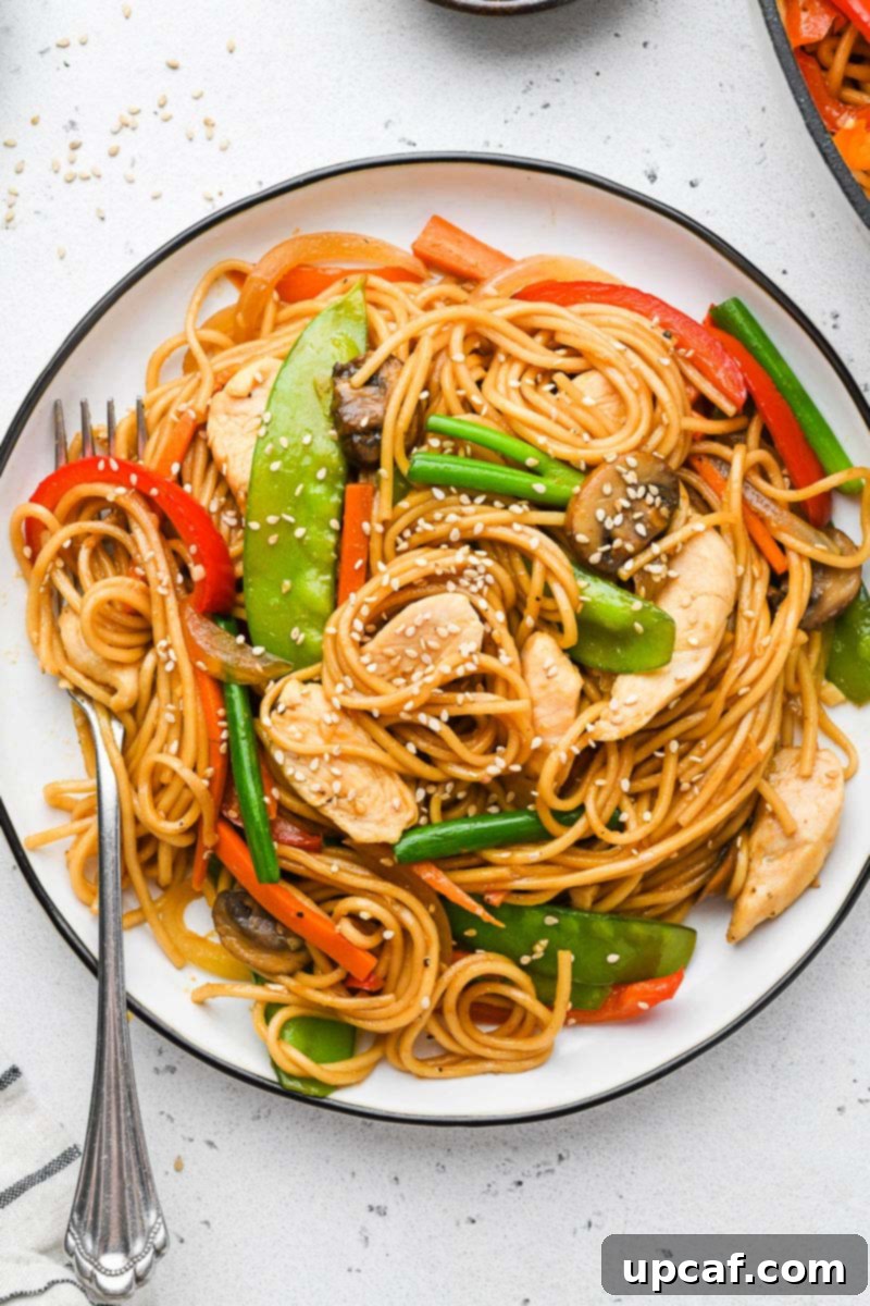 A vibrant plate of homemade chicken lo mein with a fork ready to enjoy.
