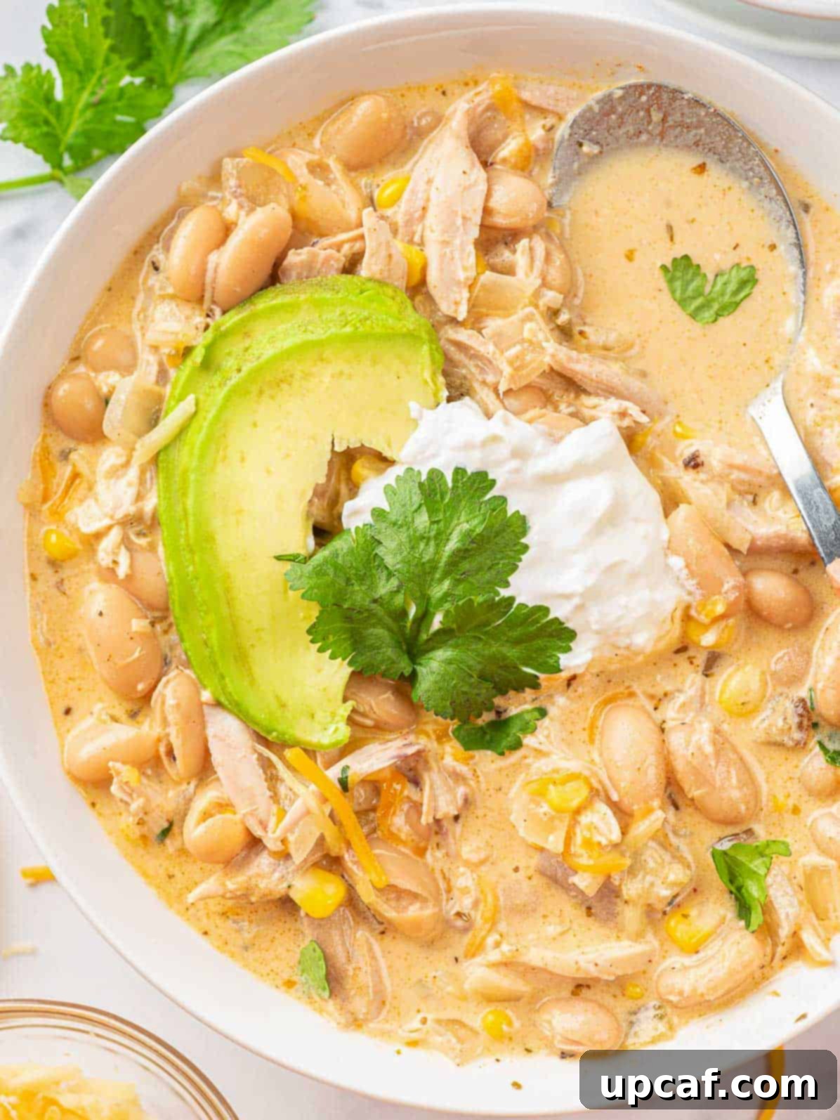 A serving of creamy white chicken chili, garnished with sour cream and avocado slices, ready to be enjoyed.