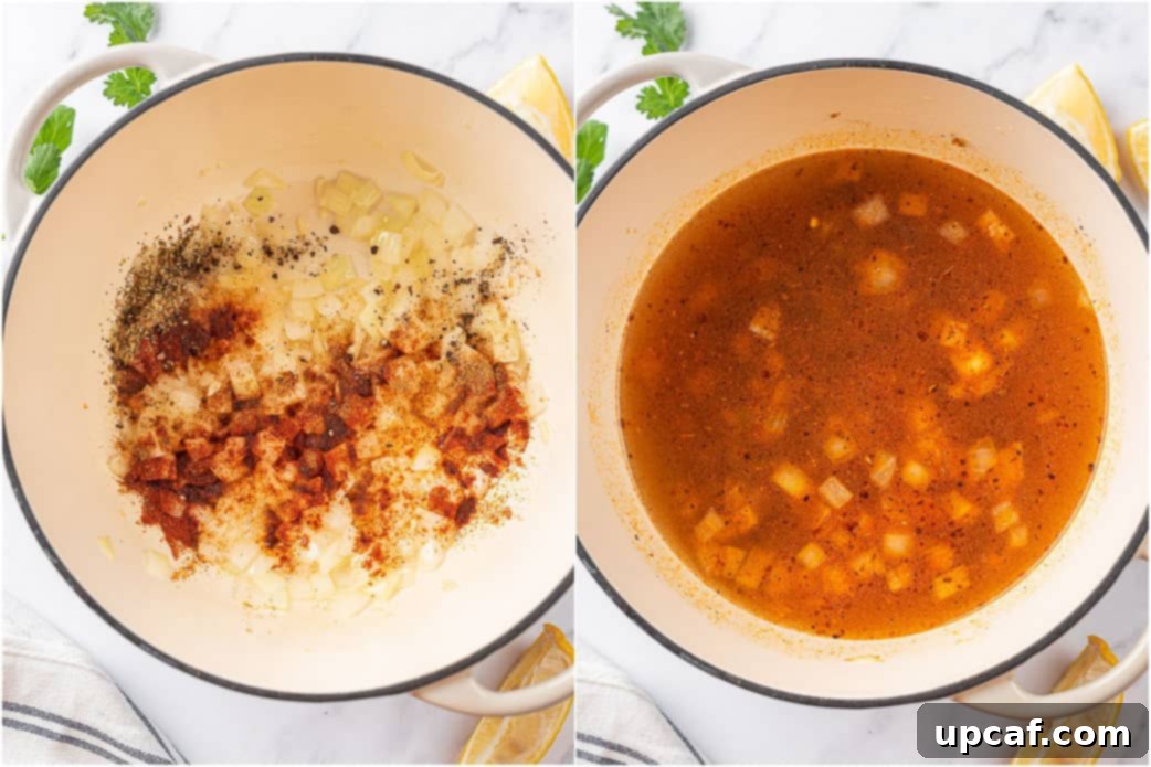 Two images side-by-side: sautéed onions and garlic in a pot, followed by chicken broth being added to the mixture.