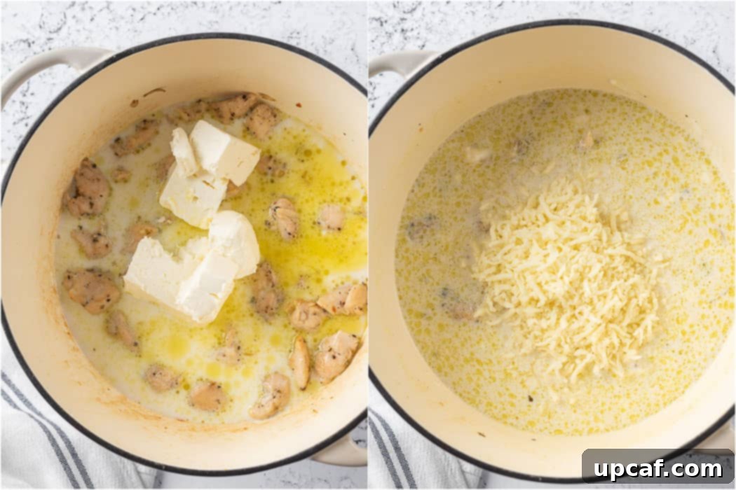 creamy chicken sauce before and after adding cheese