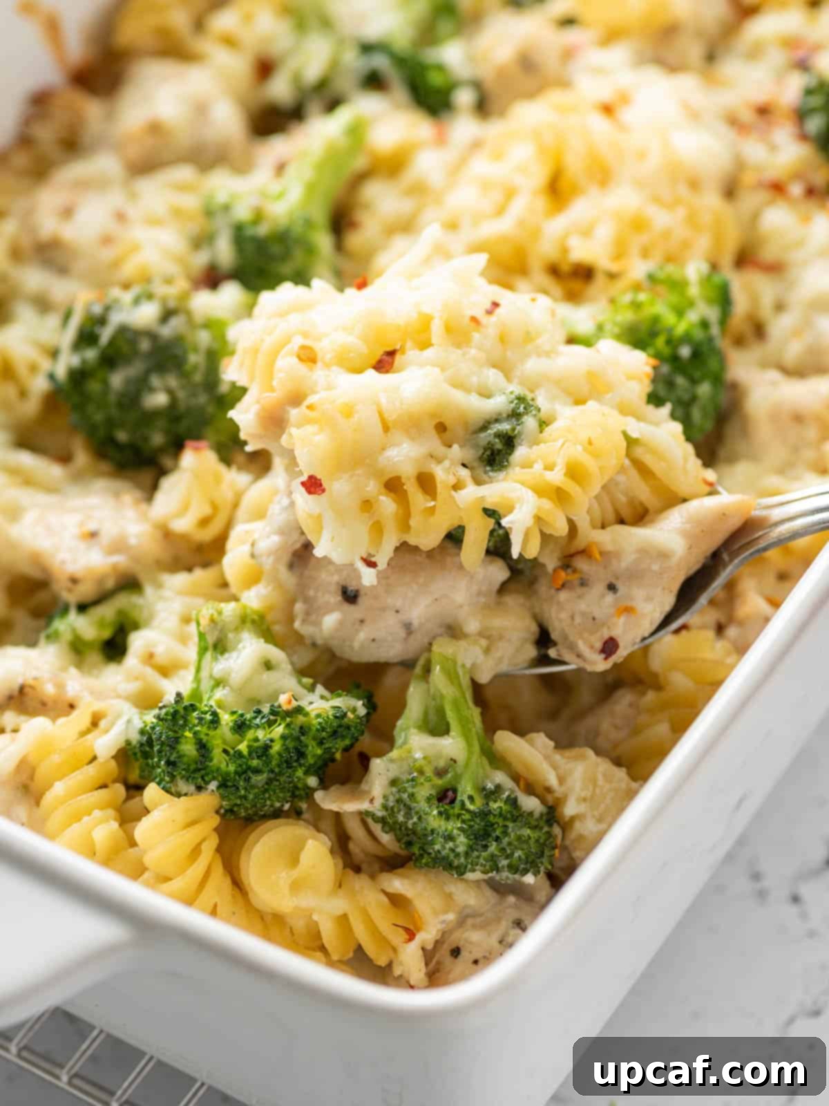 a spoon scooping up some chicken broccoli and pasta bake