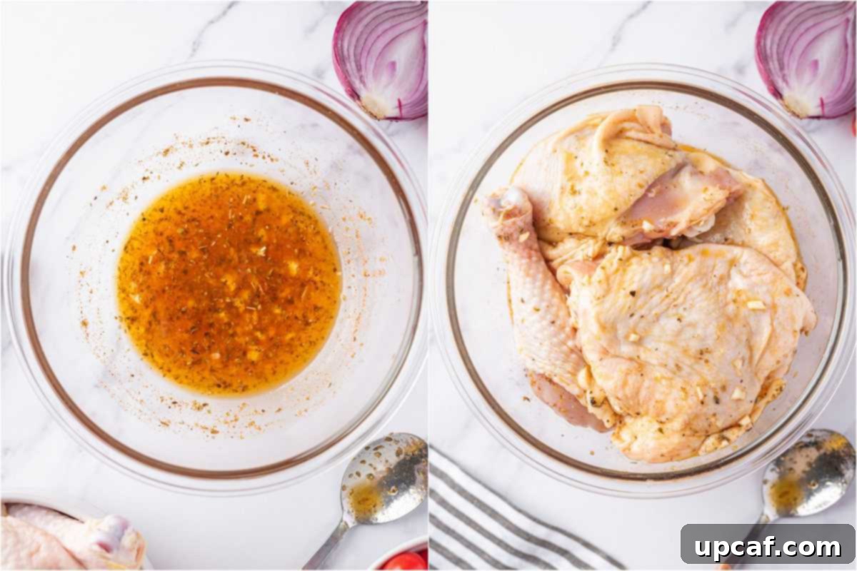 Vibrant Lemon Herb Mediterranean Chicken 4 Raw chicken marinating in a bowl with Mediterranean spices and lemon