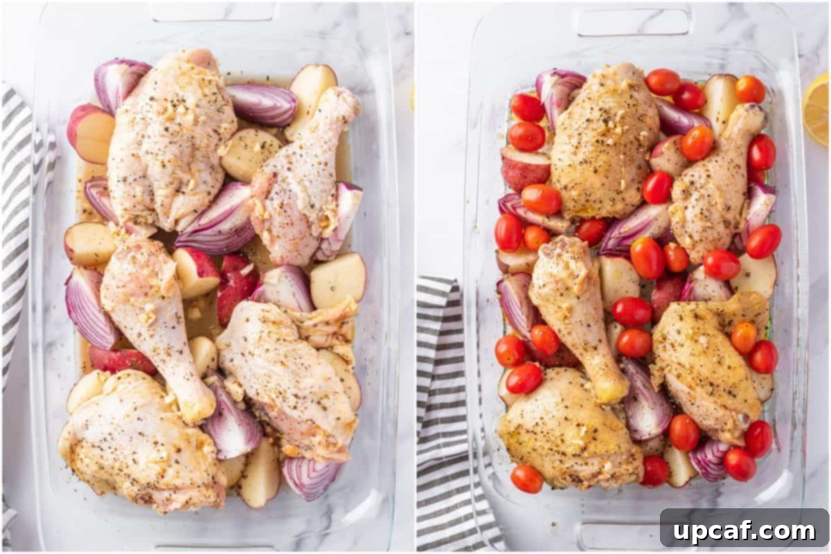 Vibrant Lemon Herb Mediterranean Chicken 5 Unbaked Mediterranean Chicken and vegetables spread in a baking dish before cooking
