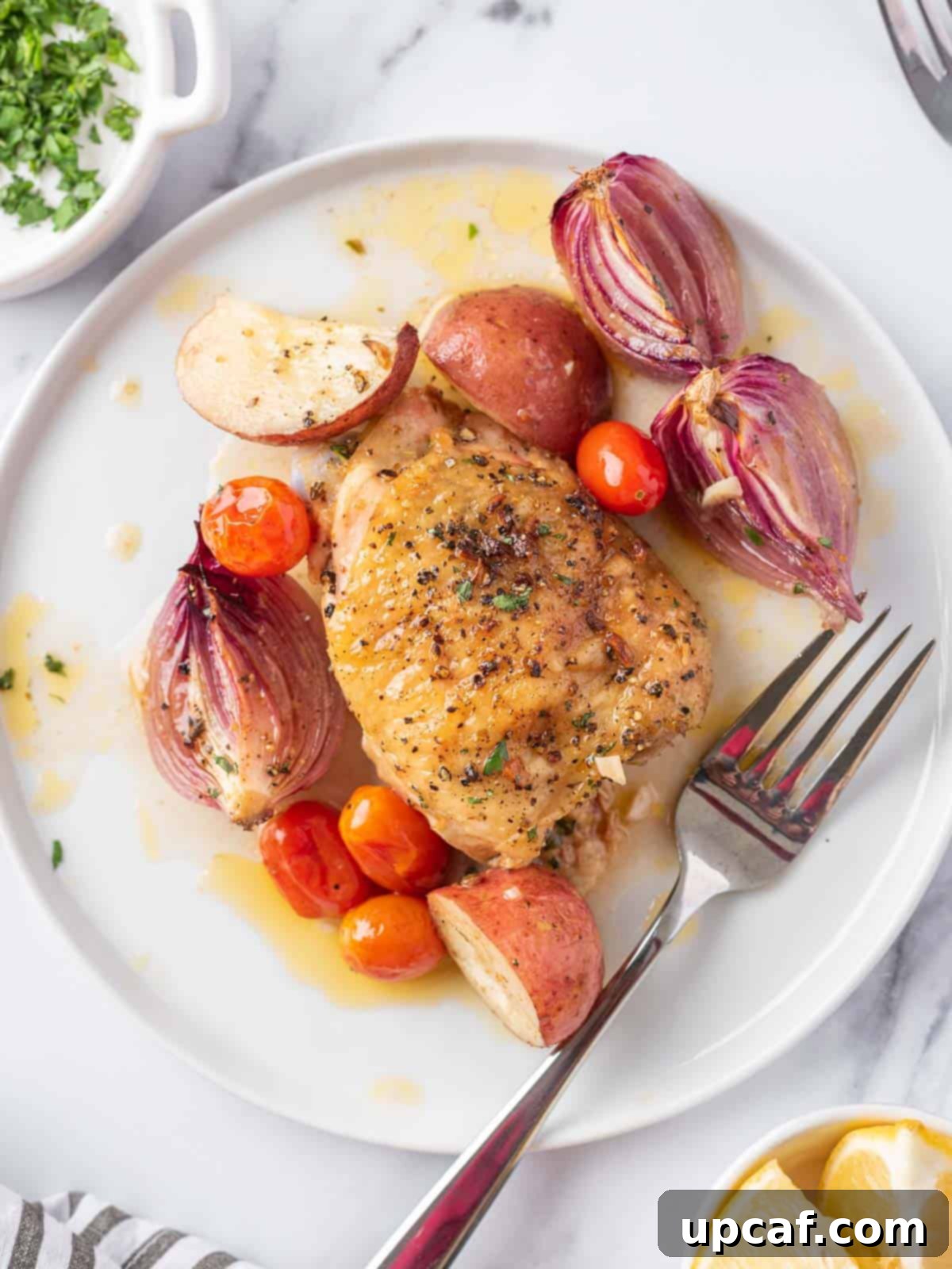 Vibrant Lemon Herb Mediterranean Chicken 7 Individual serving of Mediterranean Chicken with roasted potatoes and tomatoes on a white plate