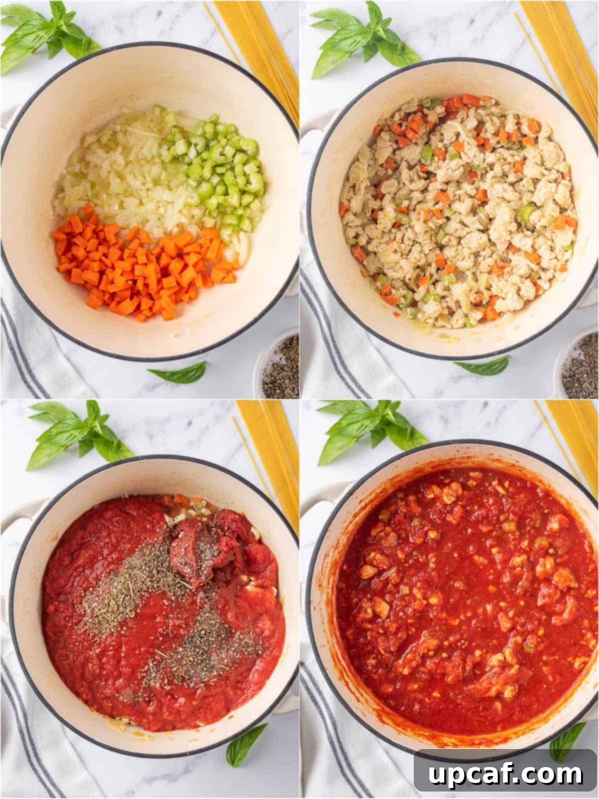 Close-up process shots illustrating the making of the rich and aromatic spaghetti sauce in a Dutch oven.