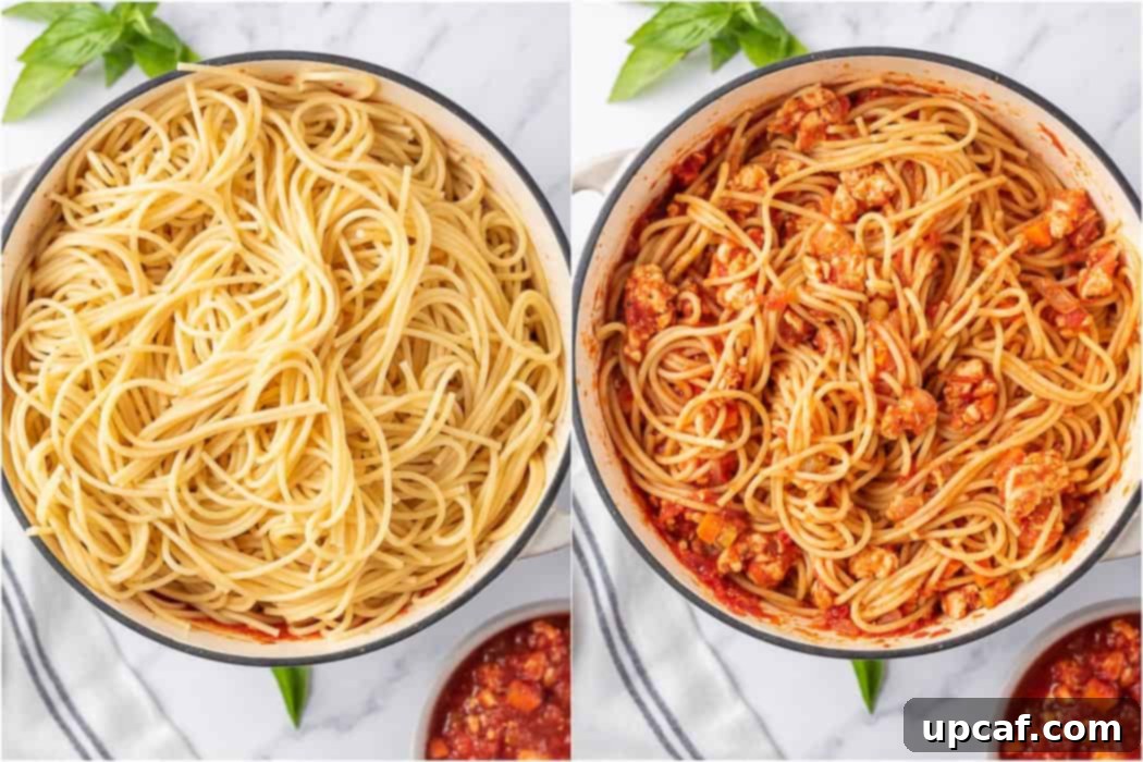 A visual comparison showing spaghetti before and after being thoroughly mixed with the savory chicken sauce.