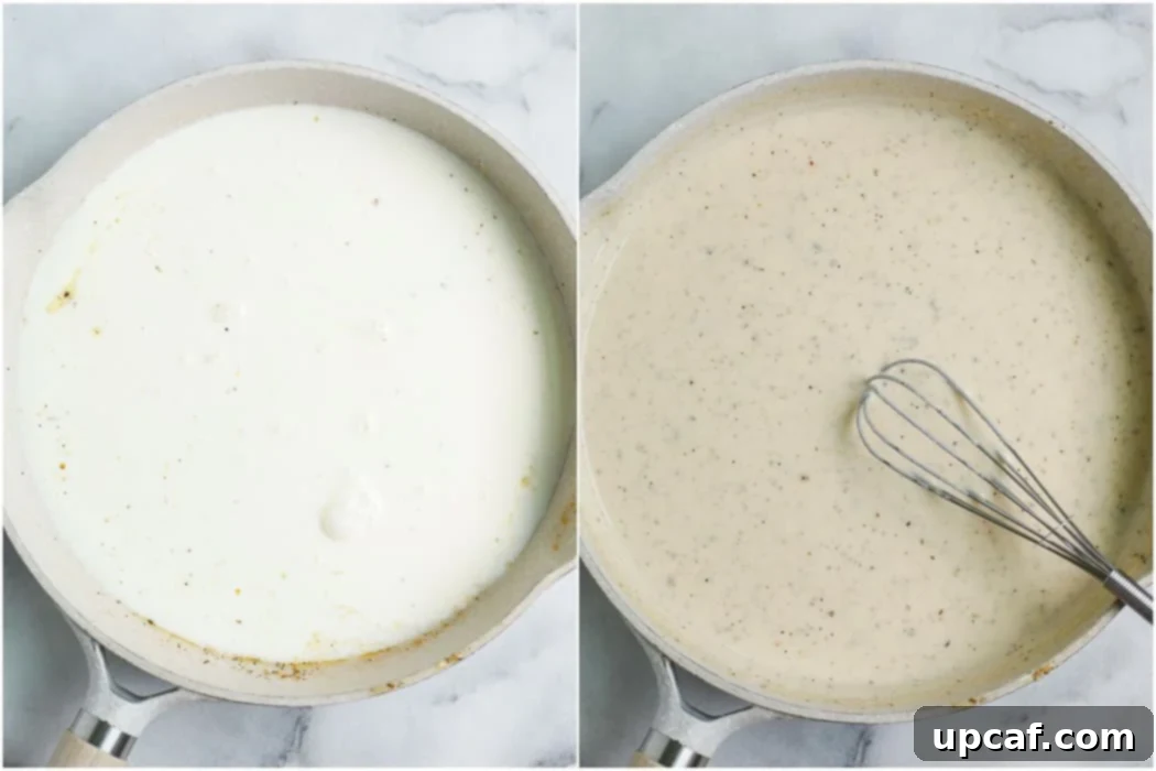 making of Greek White Alfredo Lasagna sauce