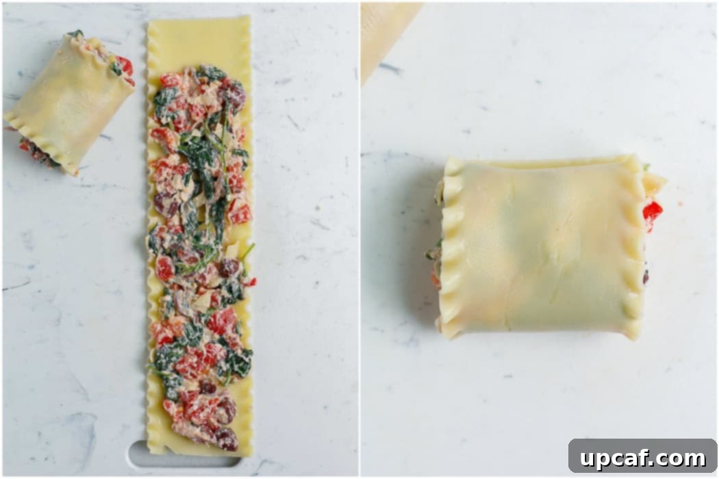 rolling of making of Greek White Alfredo Lasagna