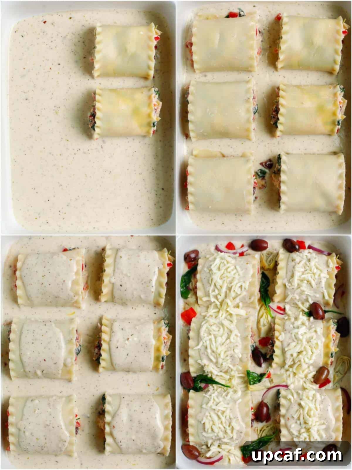 rolls of Greek alfredo lasagna placed in a baking dish with topping