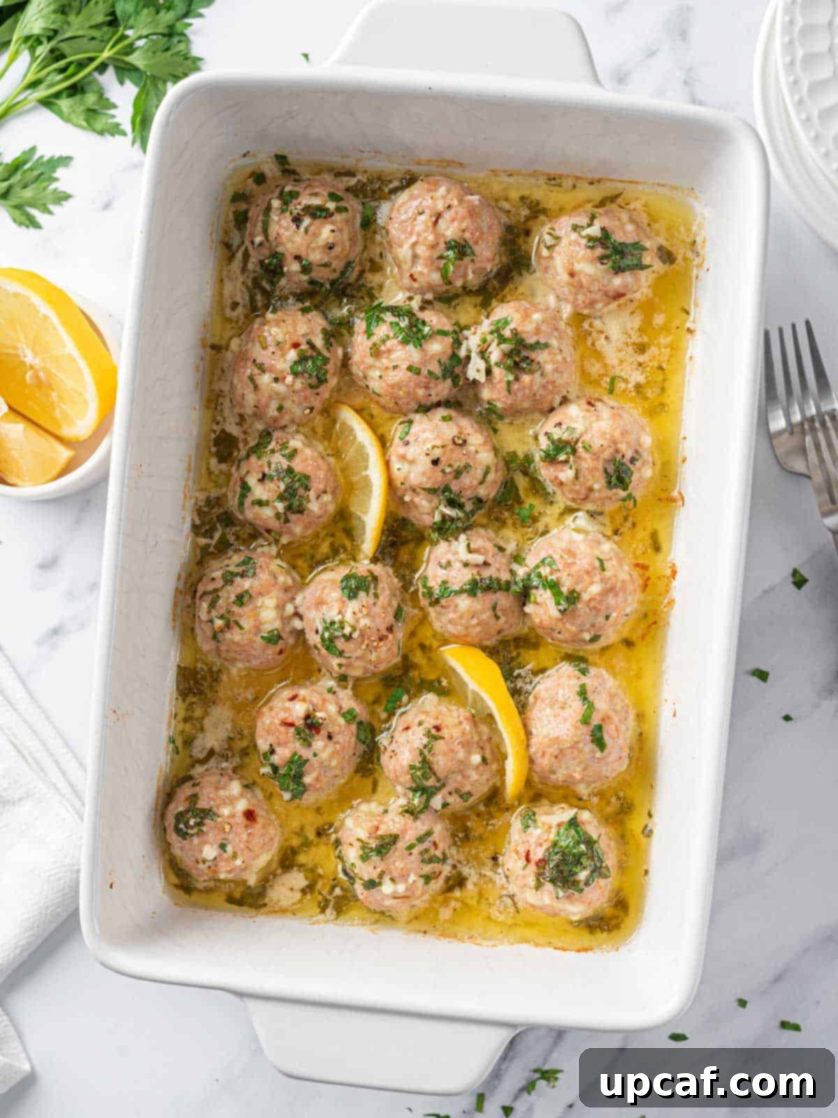 Garlic Butter Turkey Meatballs in a baking dish, perfectly golden and ready to serve.