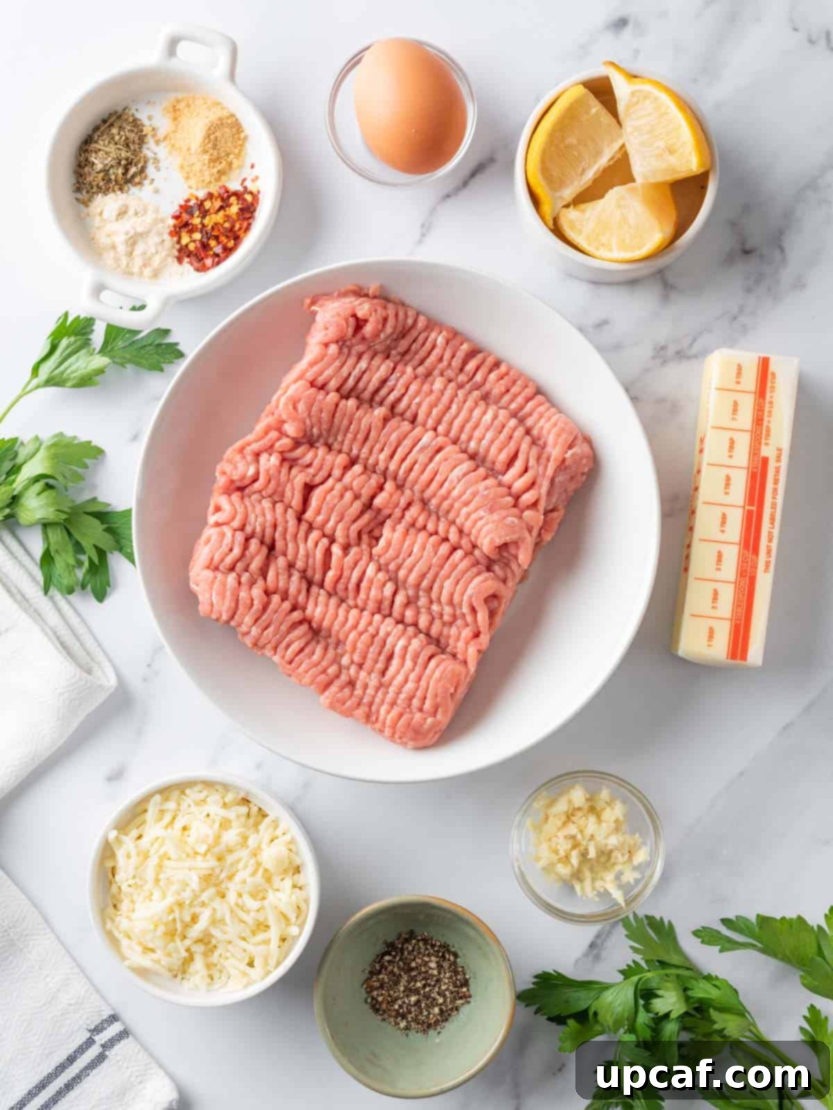A flat lay photograph displaying all the fresh ingredients needed to make Garlic Butter Turkey Meatballs.
