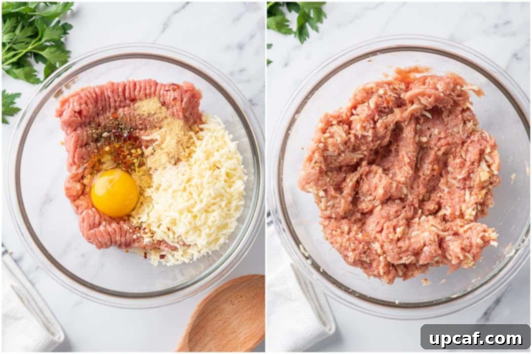 Two images side by side. One shows individual ingredients for meatballs, the other shows the ingredients mixed in a bowl.