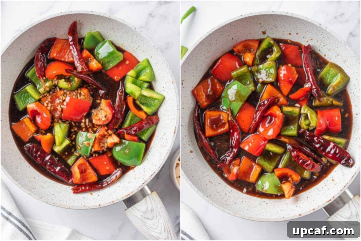 Original Sichuan Kung Pao 7 Sauce added to the vegetables in the pan.