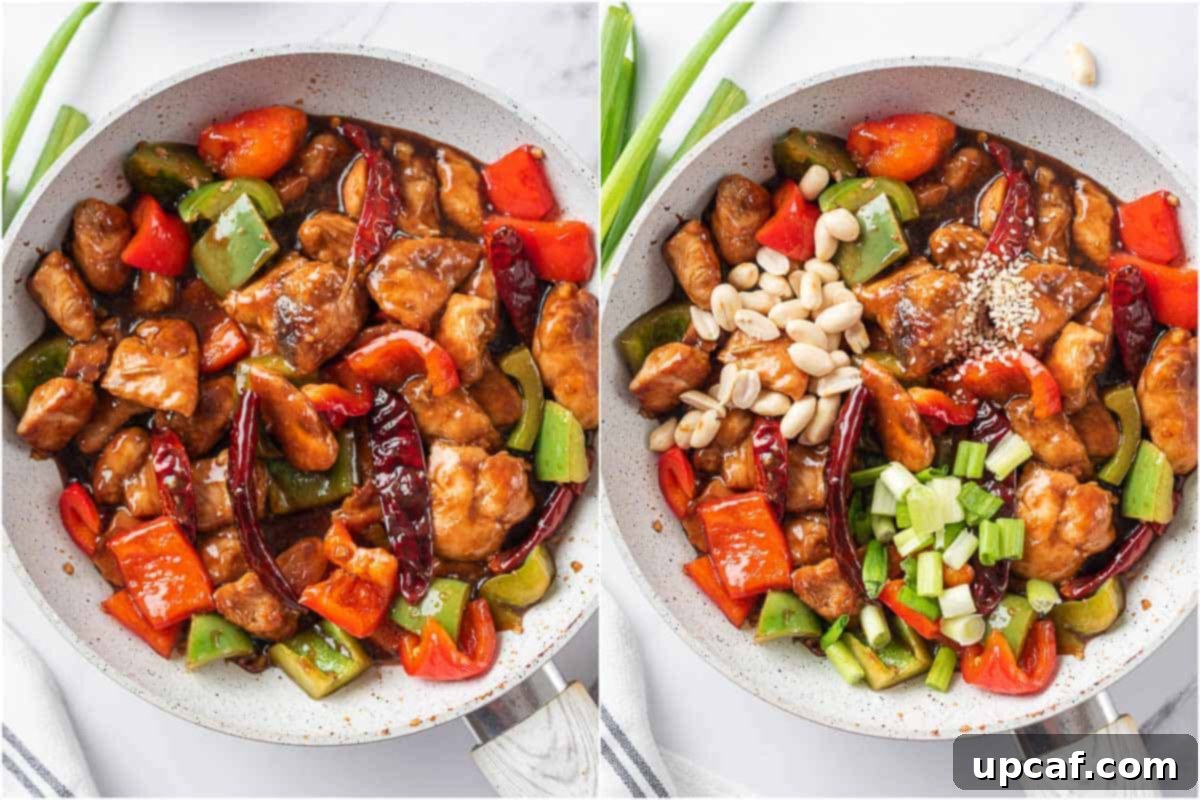 Original Sichuan Kung Pao 8 Chicken added to a pan and garnish added to the pan.