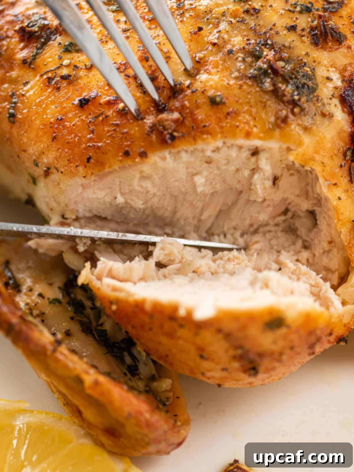 A beautifully sliced whole roasted chicken, showcasing its juicy interior, ready to be served.