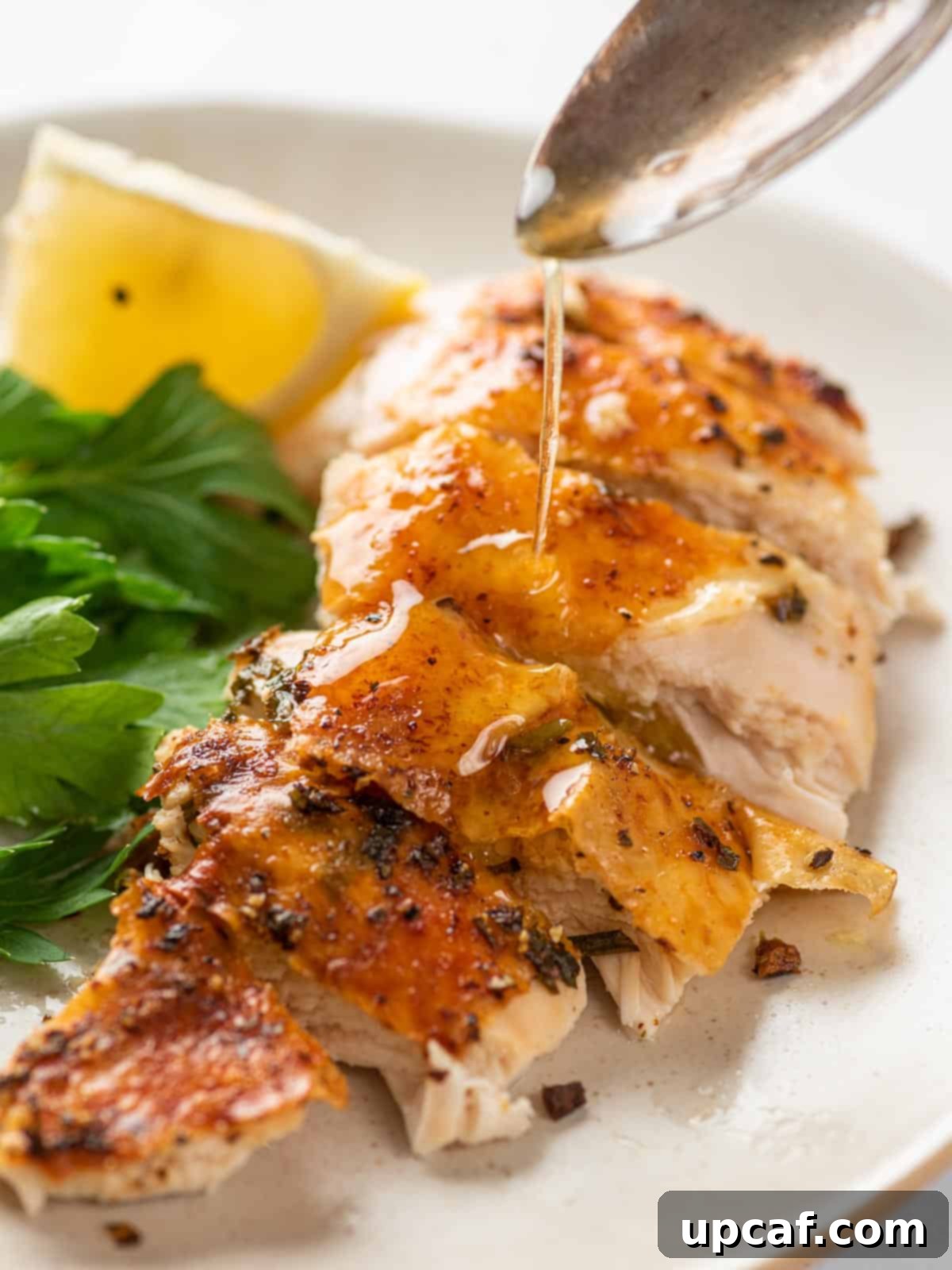 Beautifully sliced chicken breast with natural juices drizzled over top, ready to be enjoyed.