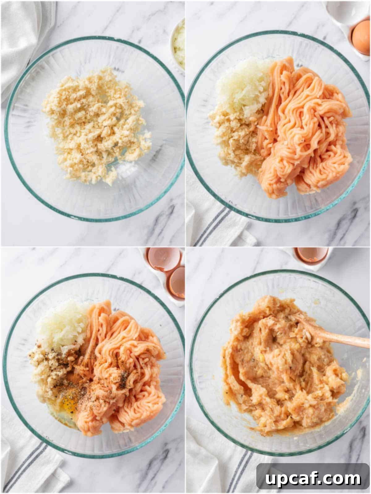Mixing the ingredients for Swedish chicken meatballs in a large mixing bowl.