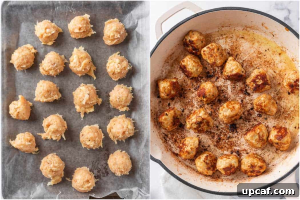 Pan-frying rolled Swedish chicken meatballs in a large skillet until golden brown.