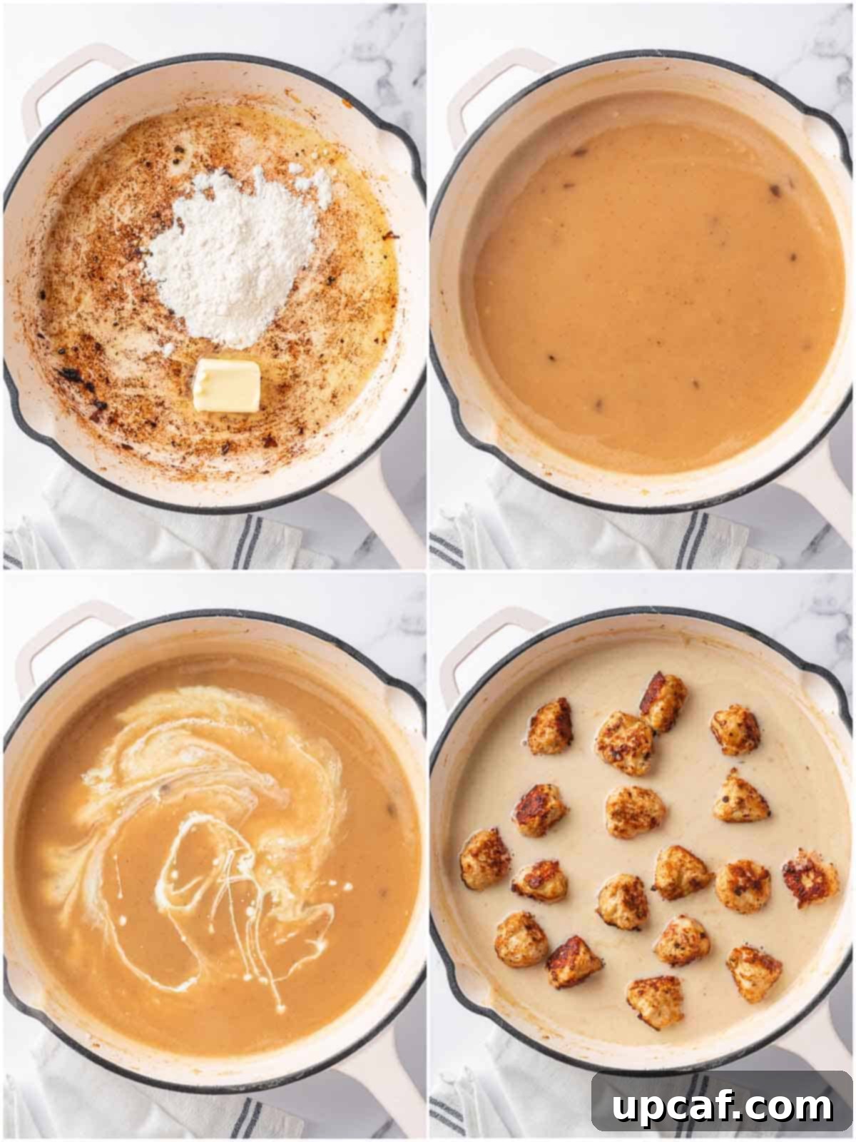 Preparing the rich and creamy pan gravy in the same skillet used for meatballs.