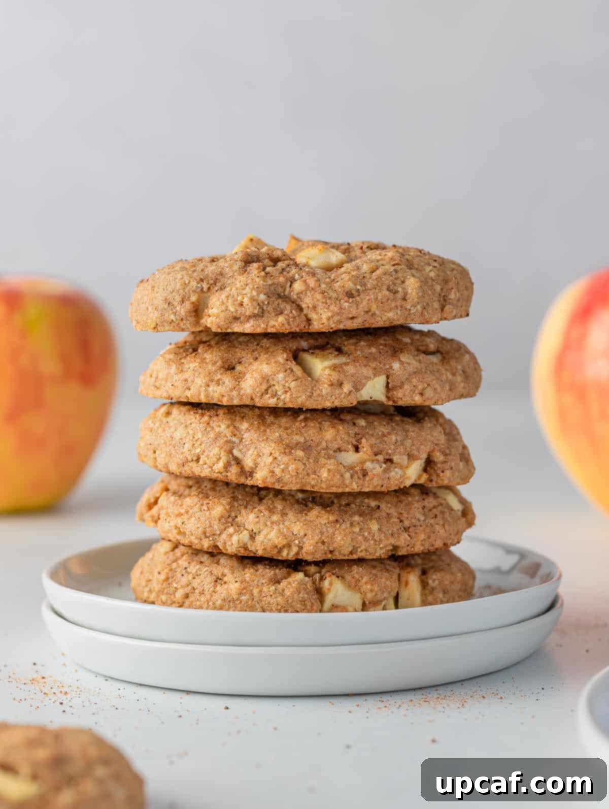 Cozy Apple Pie Cinnamon Oat Cookies 2 A stack of healthy apple pie oatmeal cookies, garnished with cinnamon.