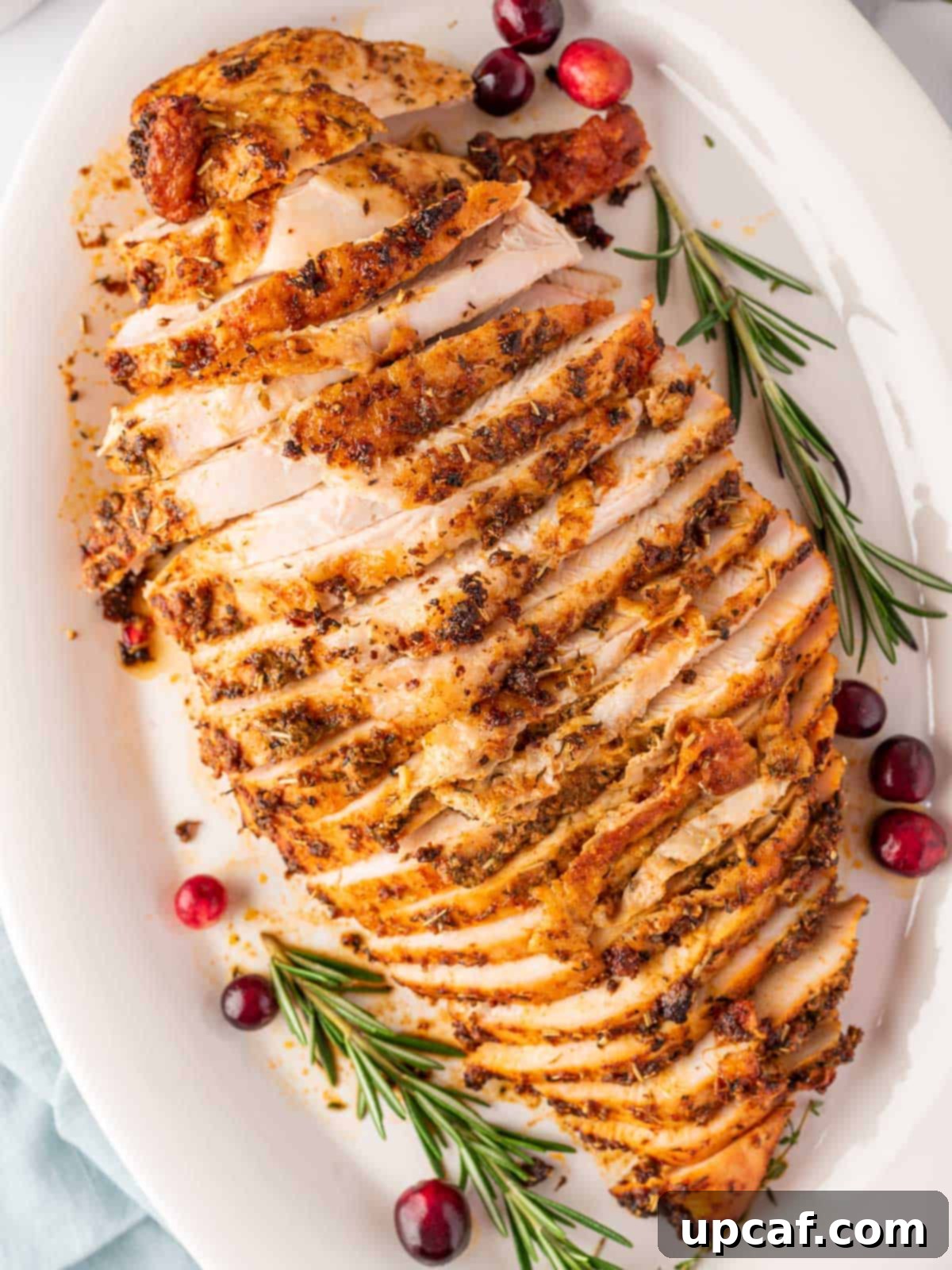 Juicy Roasted Turkey Breast 2 overhead shot of sliced turkey breast on a white plate with cranberry and rosemary stalks, ready to be served