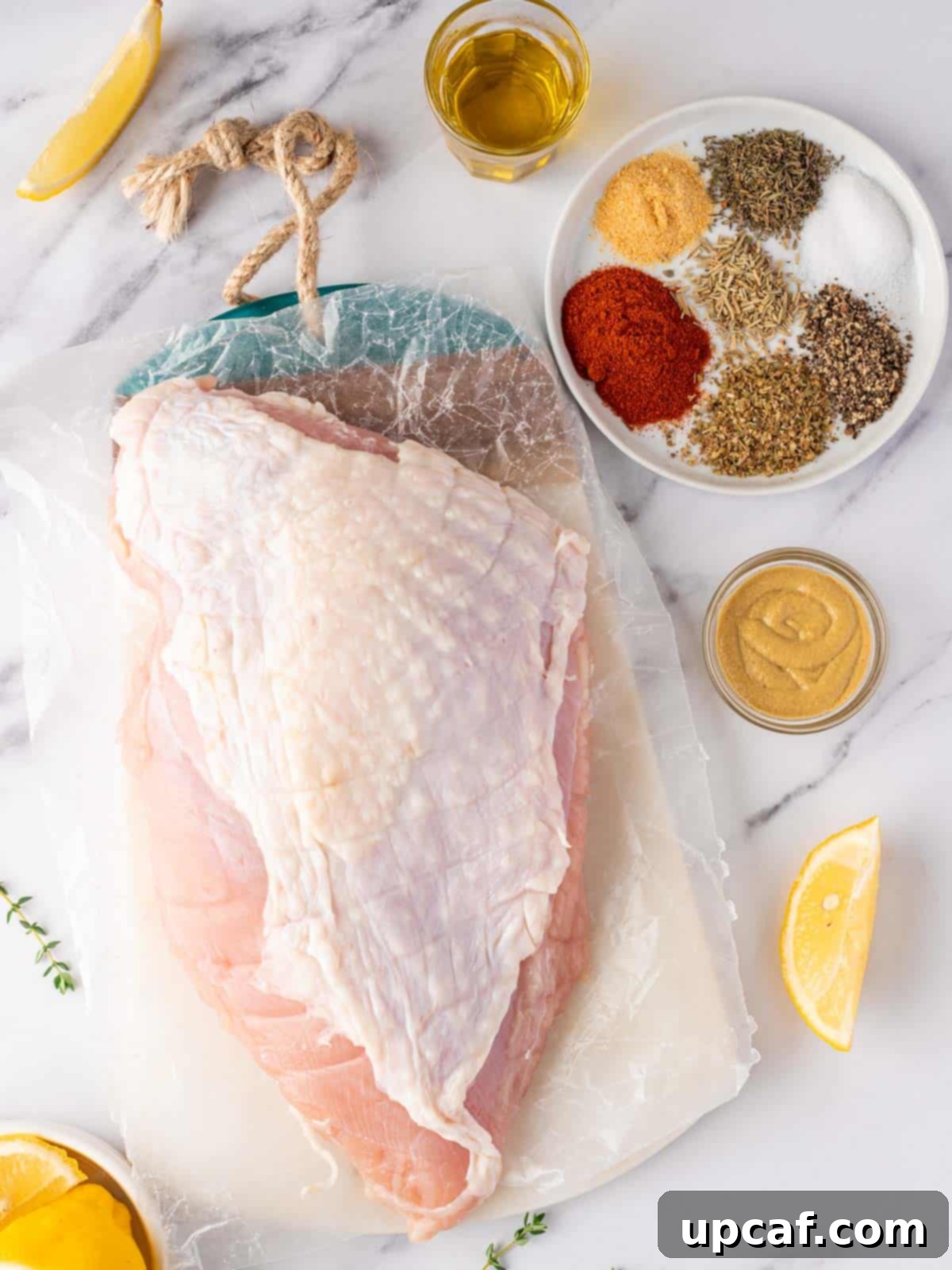 Juicy Roasted Turkey Breast 3 ingredient shot of the roasted turkey breast recipe featuring olive oil, lemon juice, mustard, and spices