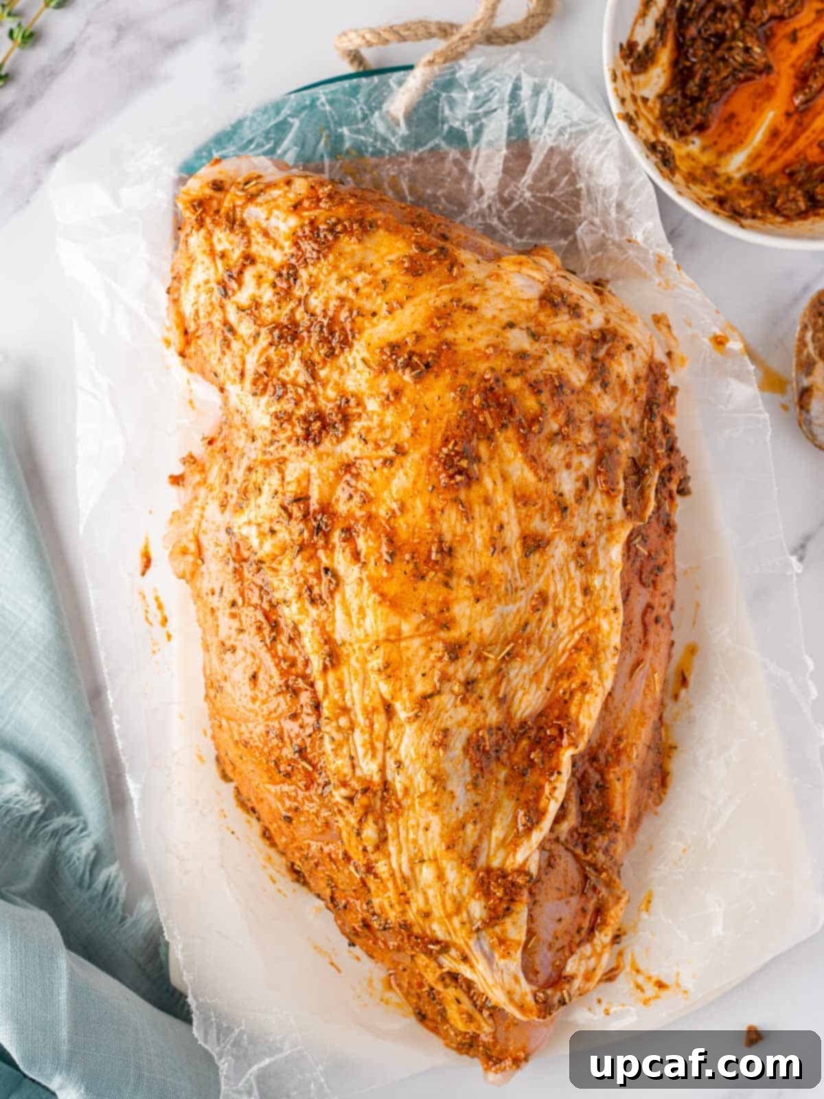 Juicy Roasted Turkey Breast 5 raw turkey breast after rubbing the seasoning coat on it, showing the rich color of the spices