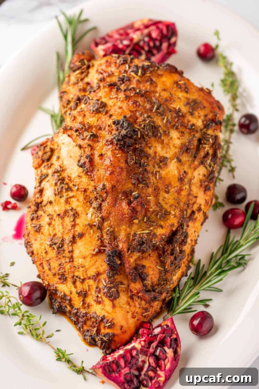 Juicy Roasted Turkey Breast 6 whole roasted turkey breast on a white platter, garnish with whole cranberries and rosemary sprigs
