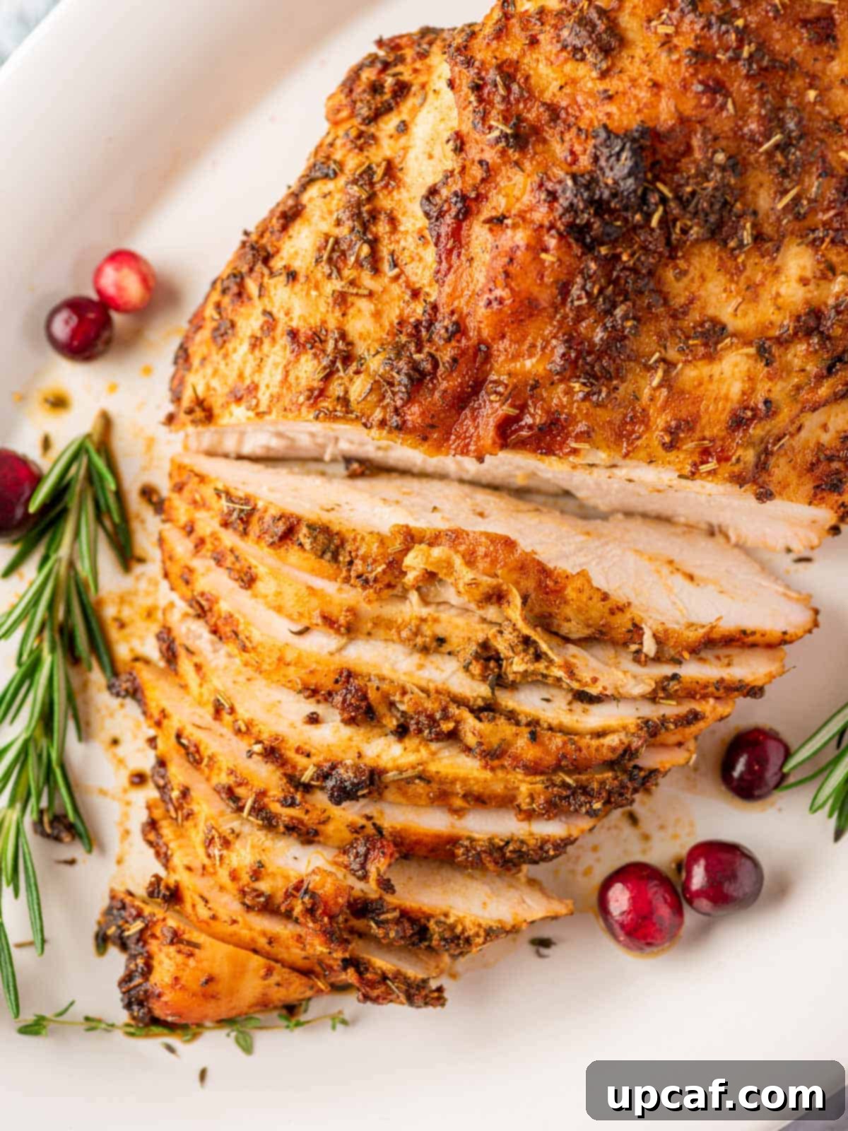 Juicy Roasted Turkey Breast 7 overhead shot of the roasted turkey breast halfway sliced on a white plate with cranberry and rosemary stalks, showcasing the juicy interior