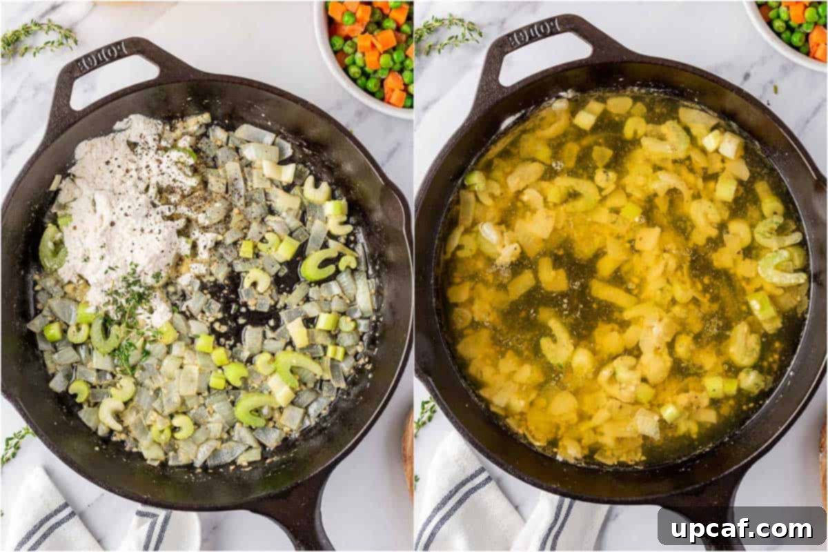 process shots showing the sauté process of the vegetables