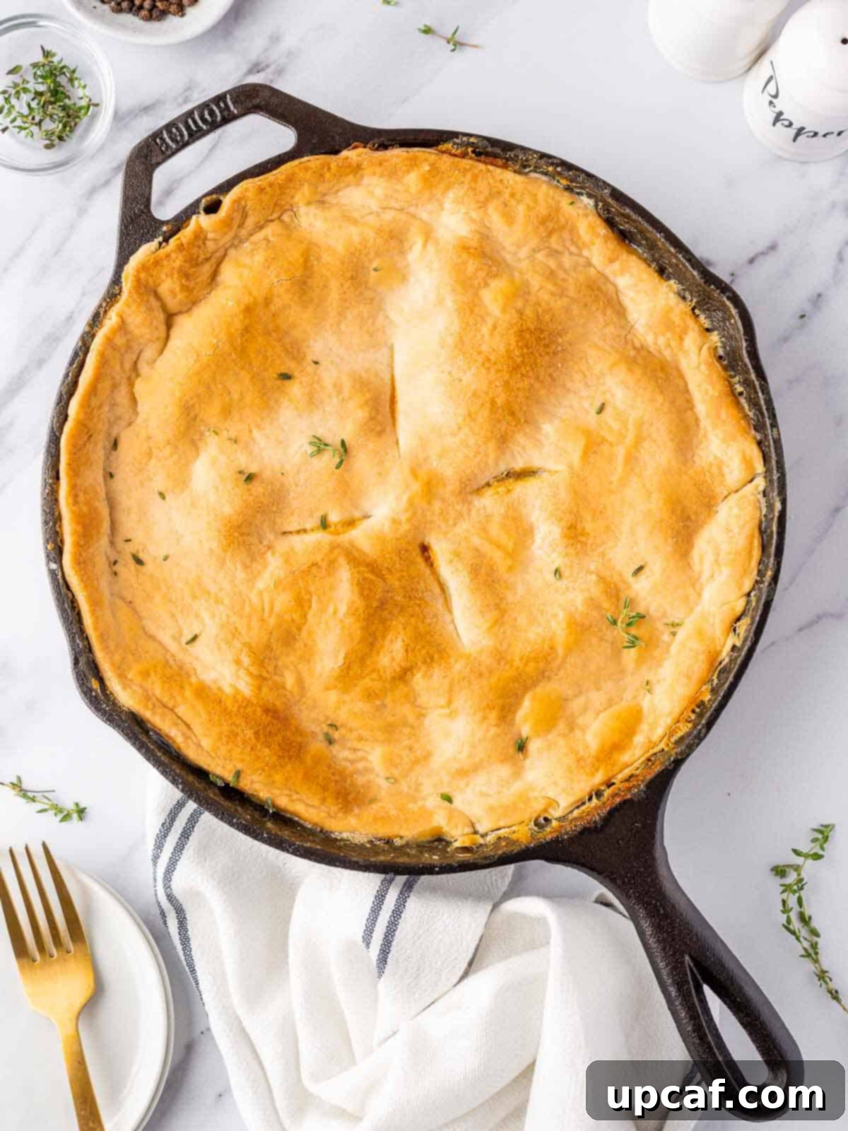 finished chicken pot pie in a black iron skillet