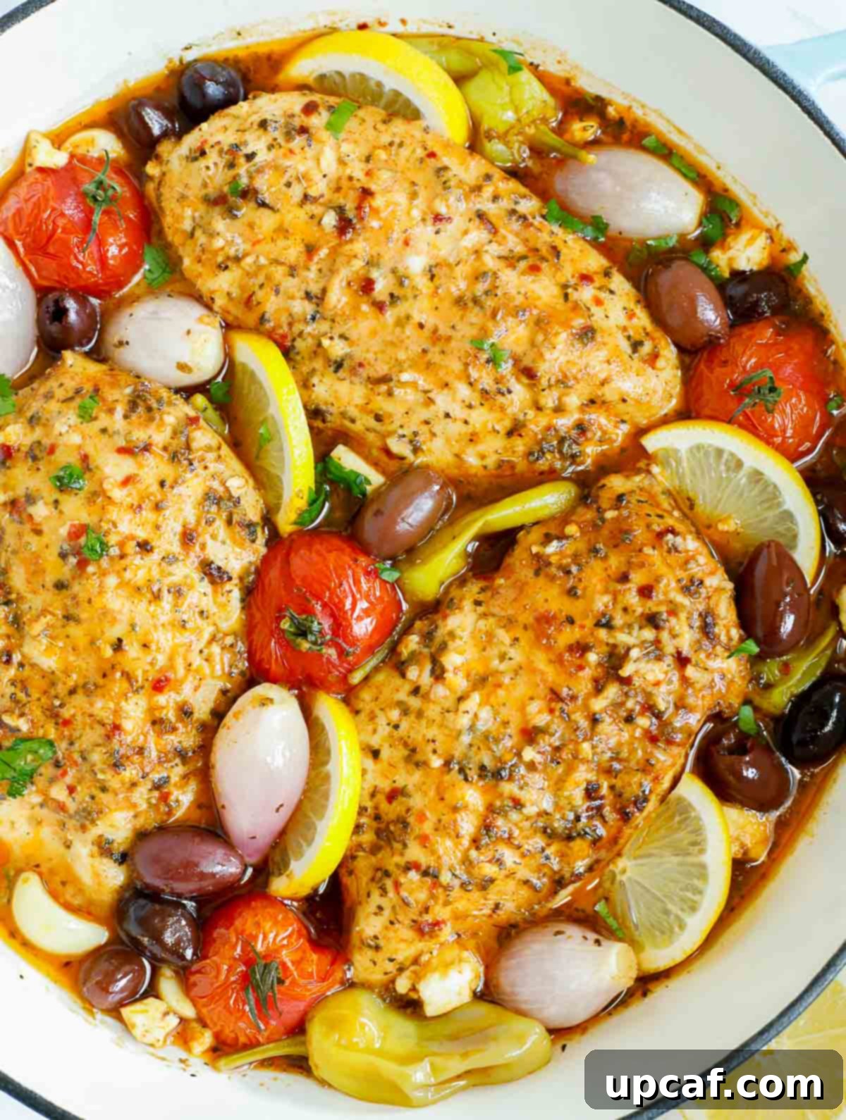 Sheet Pan Mediterranean Chicken Bake 2 Overhead view of a pan of Greek chicken with vibrant vegetables and olives.