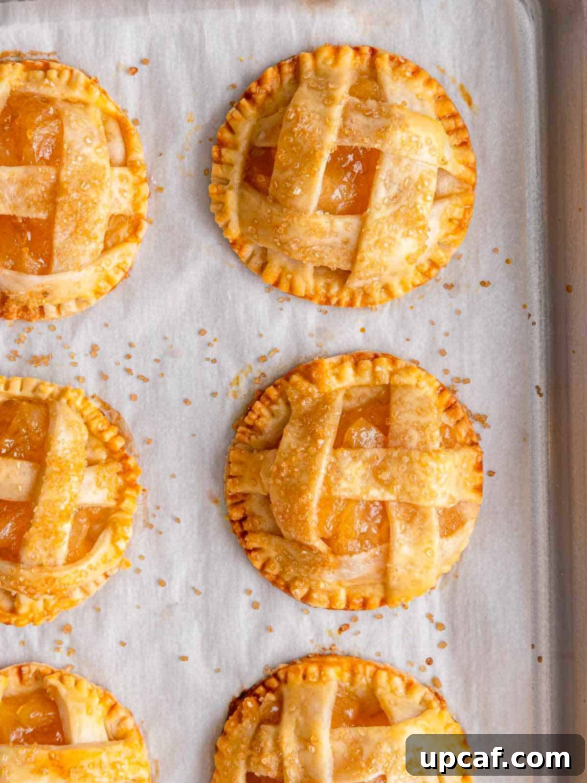 close up shot of the baked mini apple pie on a sheet pan