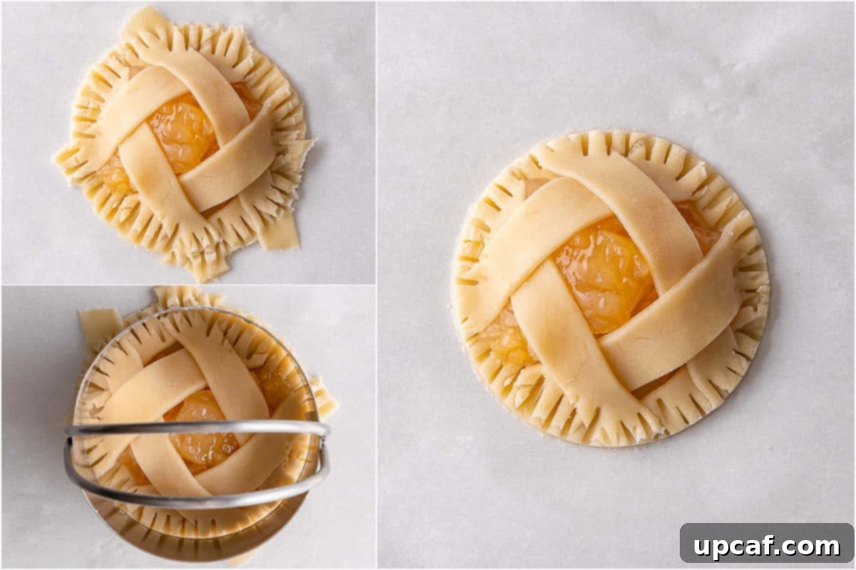 process shots showing how to cut the extra edges of the pie with cookie cutter before baking