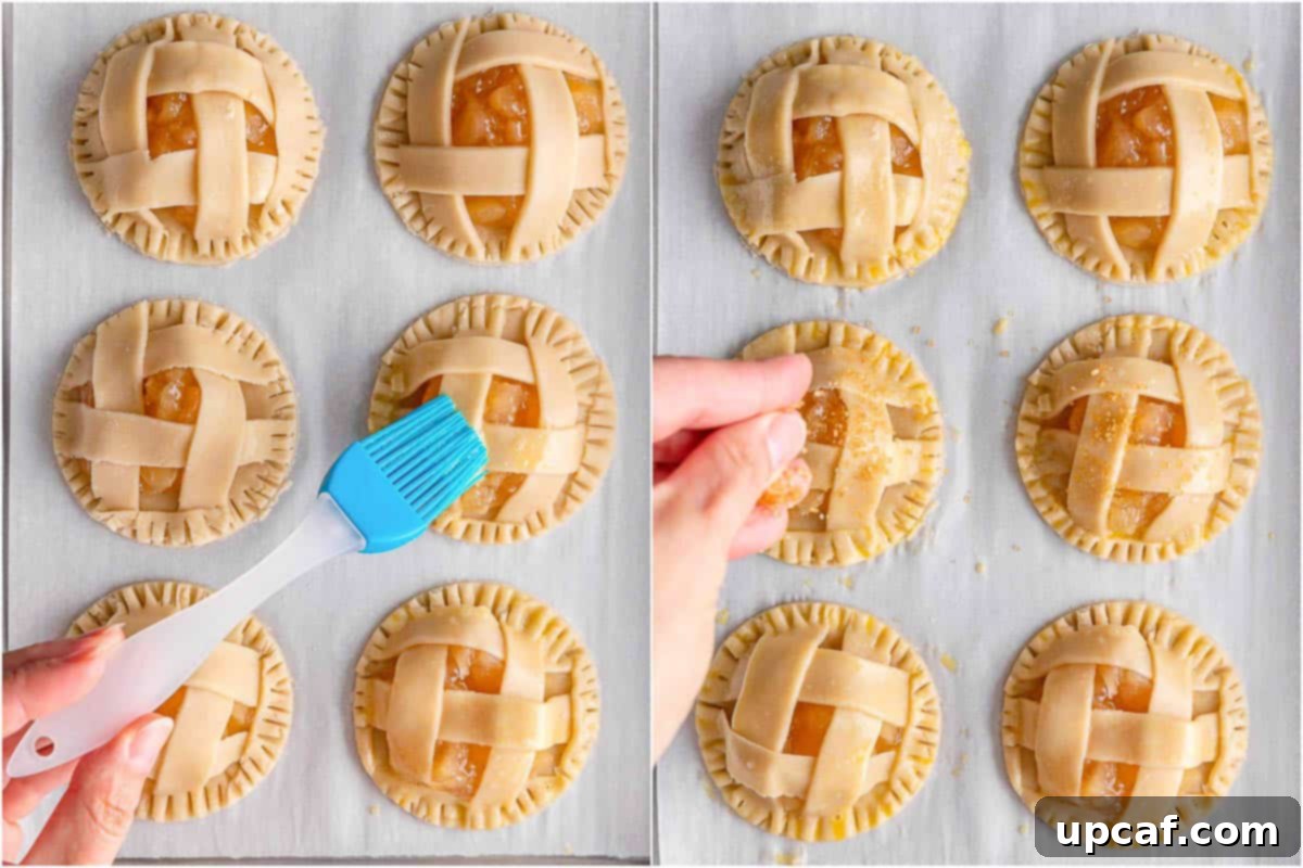 before and after brushing the eggs on the pies and dusting with sugar