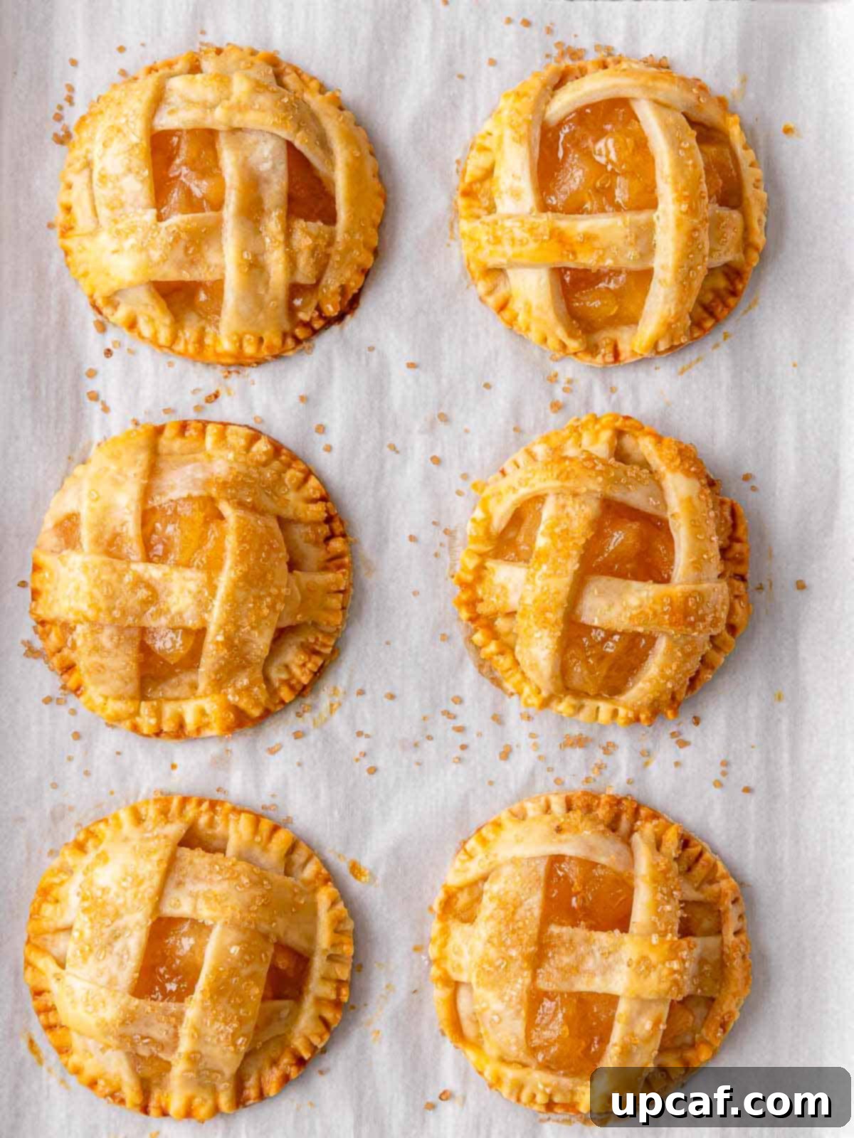 6 baked mini apple pies on a baking sheet pan after baking