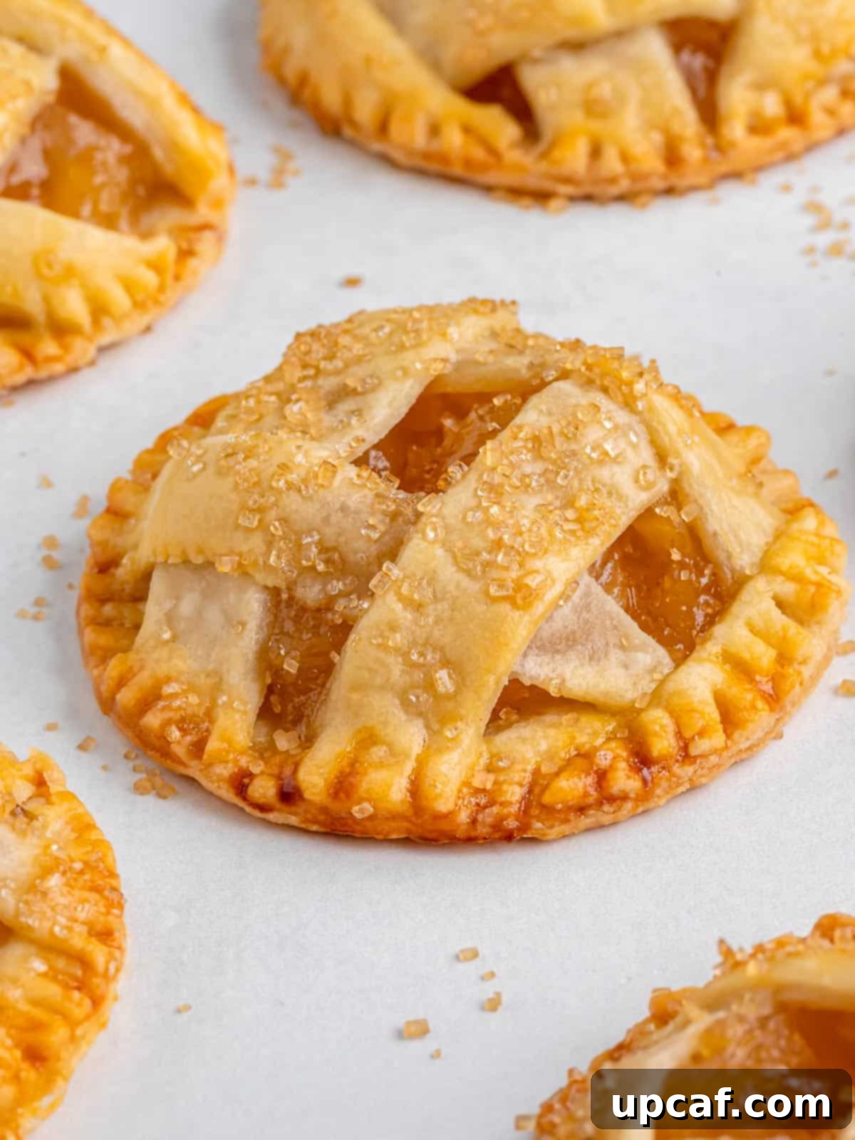 close up side angle of a mini apple pie