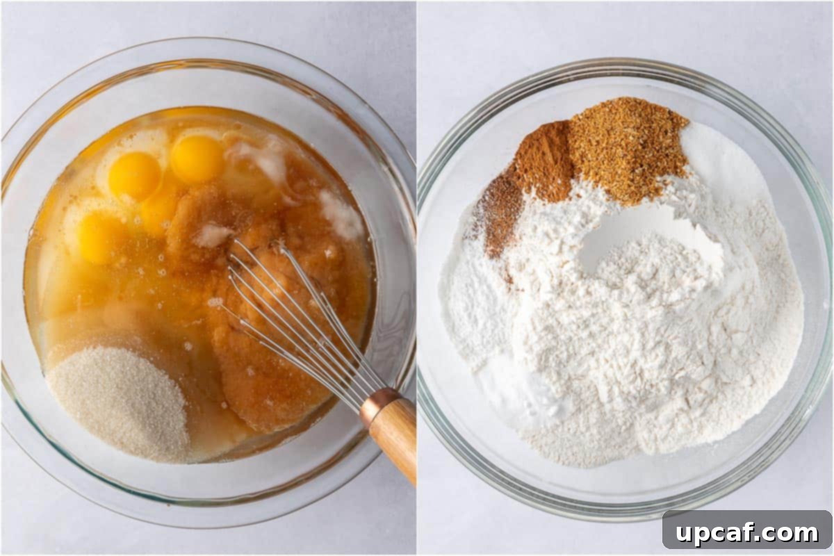 two bowls showing wet ingredients of carrot cake and dry ingredients of carrot cake.