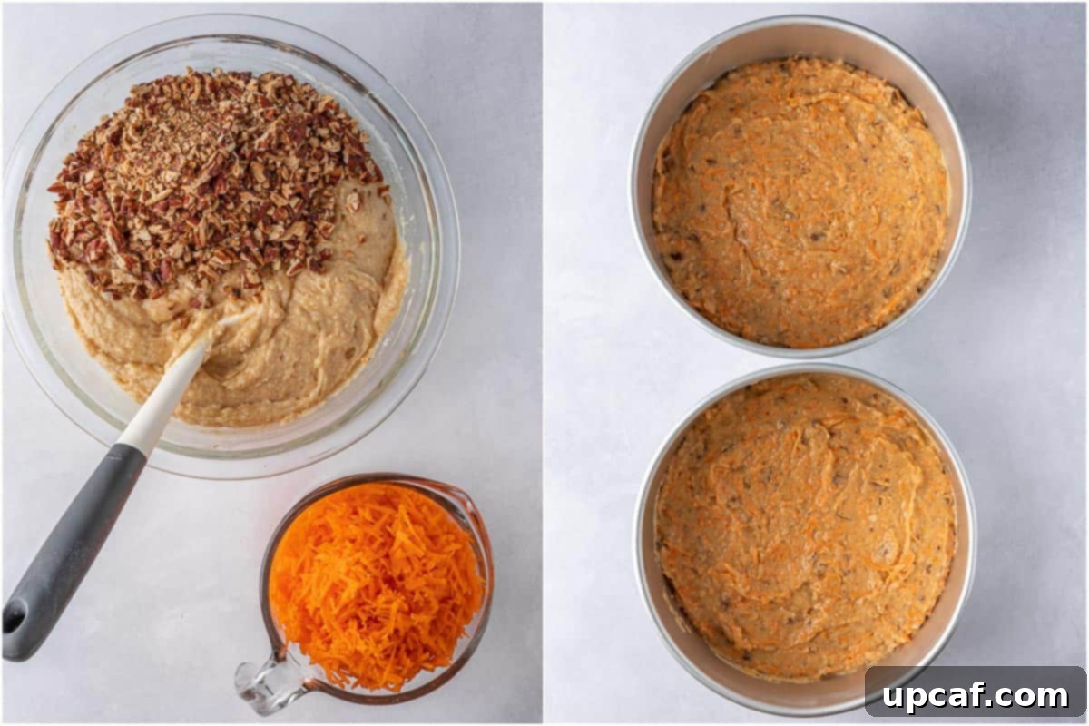 carrot cake batter in a cake pan