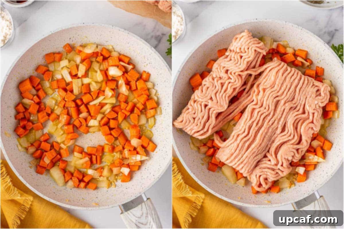 Savory chicken and vegetable filling cooking in a skillet, for a chicken shepherd's pie.