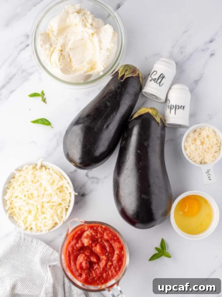 A vibrant display of fresh ingredients for eggplant parmesan lasagna, including whole eggplants, various cheeses, and herbs.
